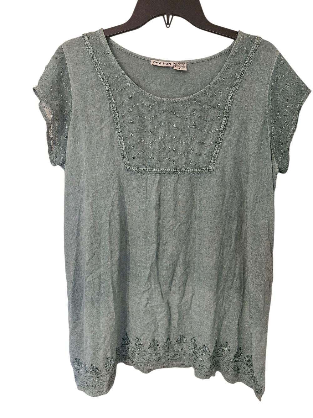 Raya Sun Short Sleeve Jade Boho Embroidered Gems Top Tunic Cotton Rayon Sz L